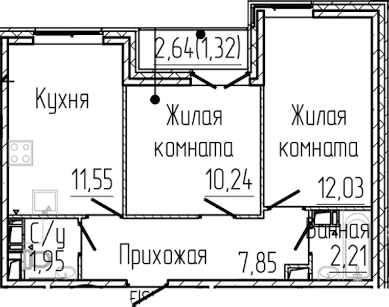 2-комнатная квартира 47.15 м², 5/8 эт., ЖК «SERTOLOVO PARK»